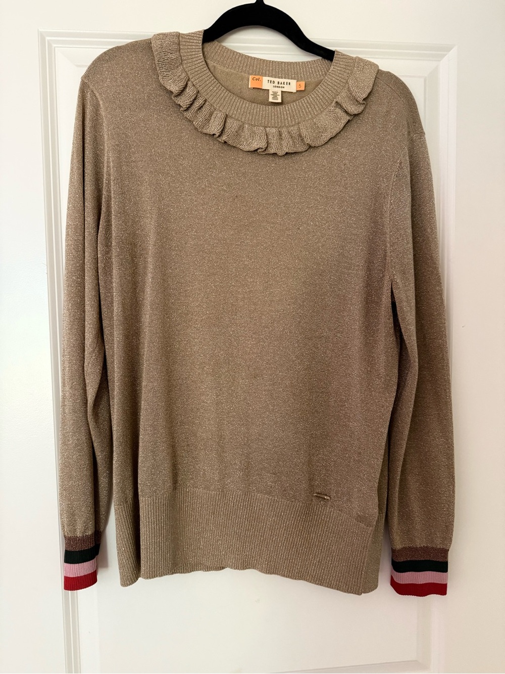 Ted Baker Metallic Taupe Ruffle-Neck Crew Sweater